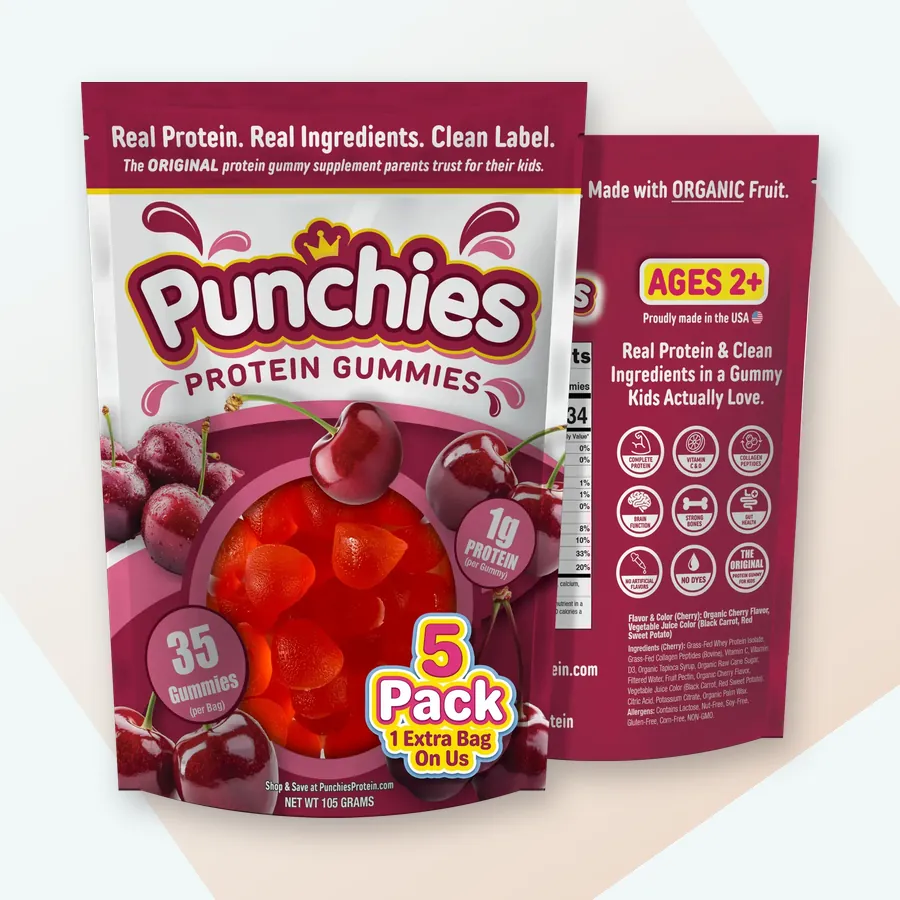 Whey protein gummy: Punchies cherry protein gummies, 5-bag pack