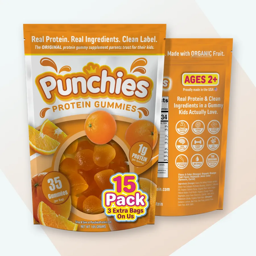 Whey protein gummy: Punchies orange protein gummies, 15-bag pack
