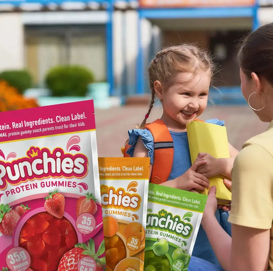 Whey protein gummy: kids heading to school with Punchies protein gummies in their bags