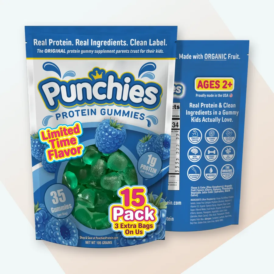 Whey protein gummy: Punchies blue raspberry (limited flavor) protein gummies, 15-bag pack